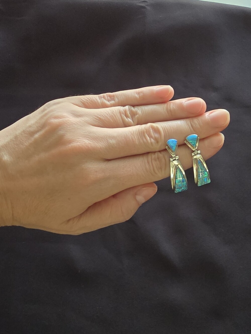 Navajo Marilyn Yazzie Sterling Silver Lab Opal Inlay Dangle Hinge Earrings Vtg - Picture 5 of 12